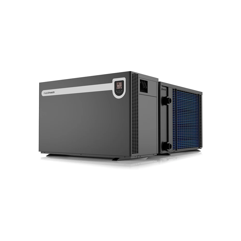Madimack InverELITE V4 410 41kW pool heat pump shown from the front and the rear coil side