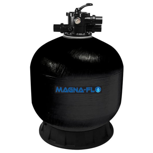Magna‑Flo diameter top‑mount sand filter with black multiport valve and pressure gauge