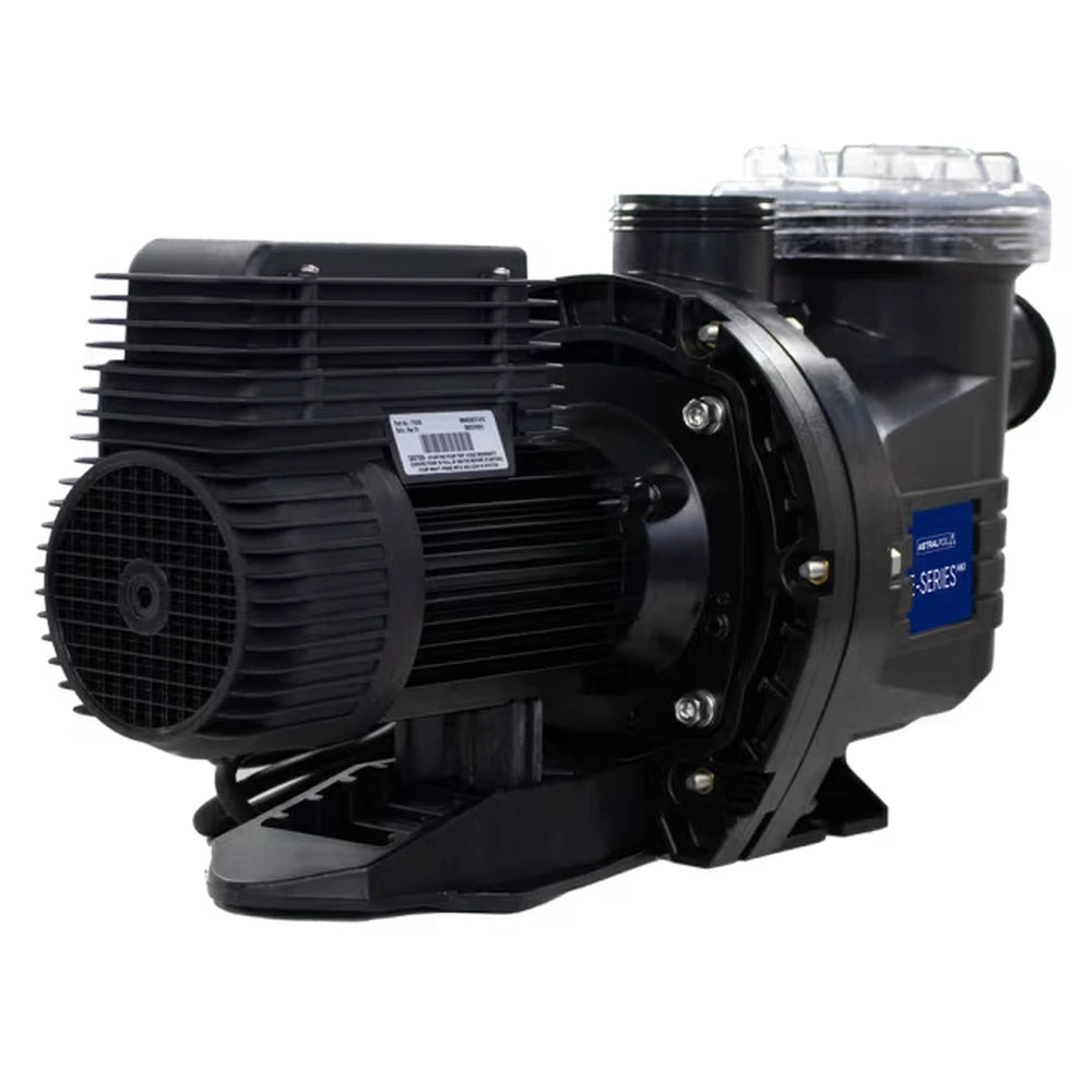 Astral E140 E-Series MKII pool and spa pump, rear three-quarter view showing motor housing and cooling fins