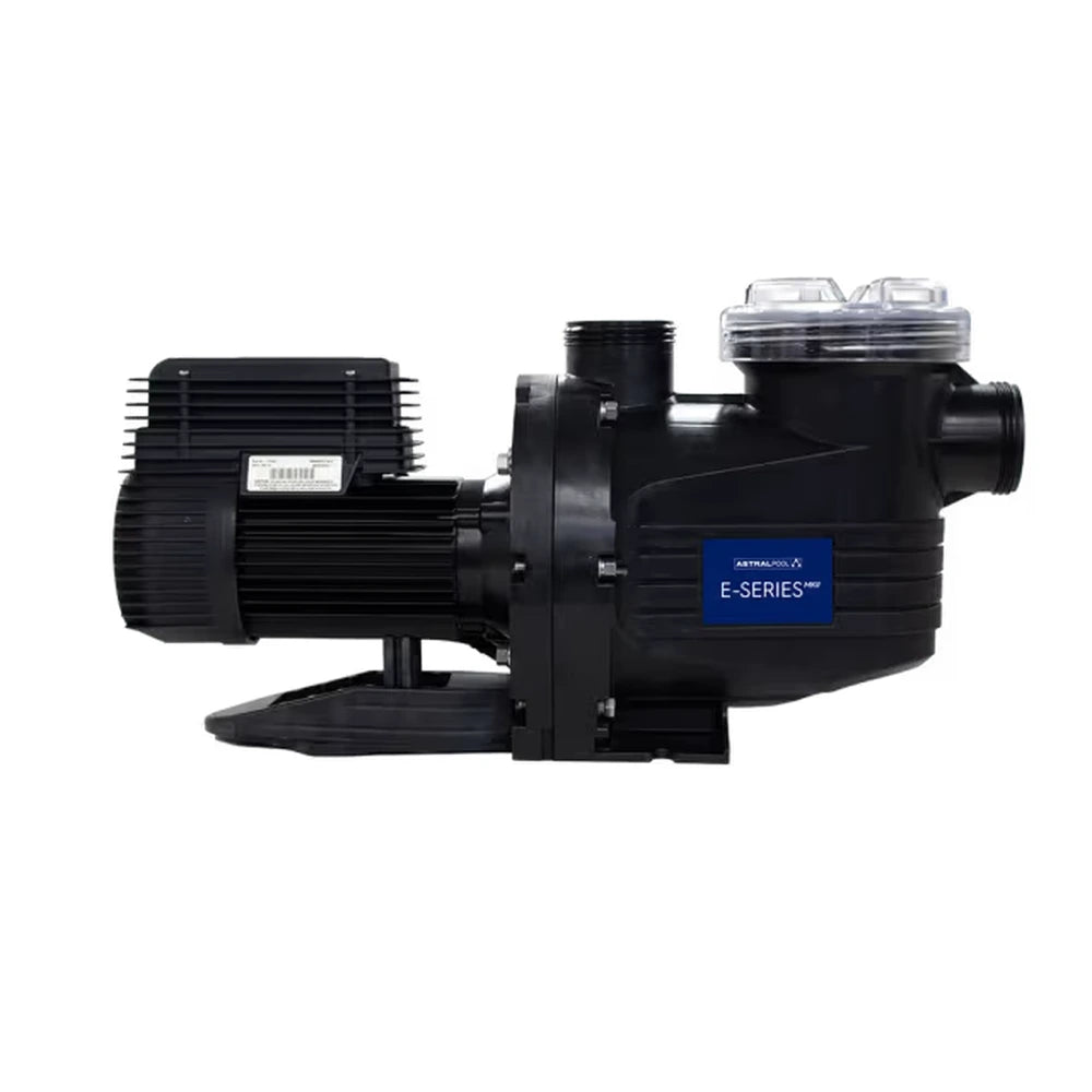 Astral E140 E-Series MKII pool and spa pump, side view showing motor and clear lid strainer basket