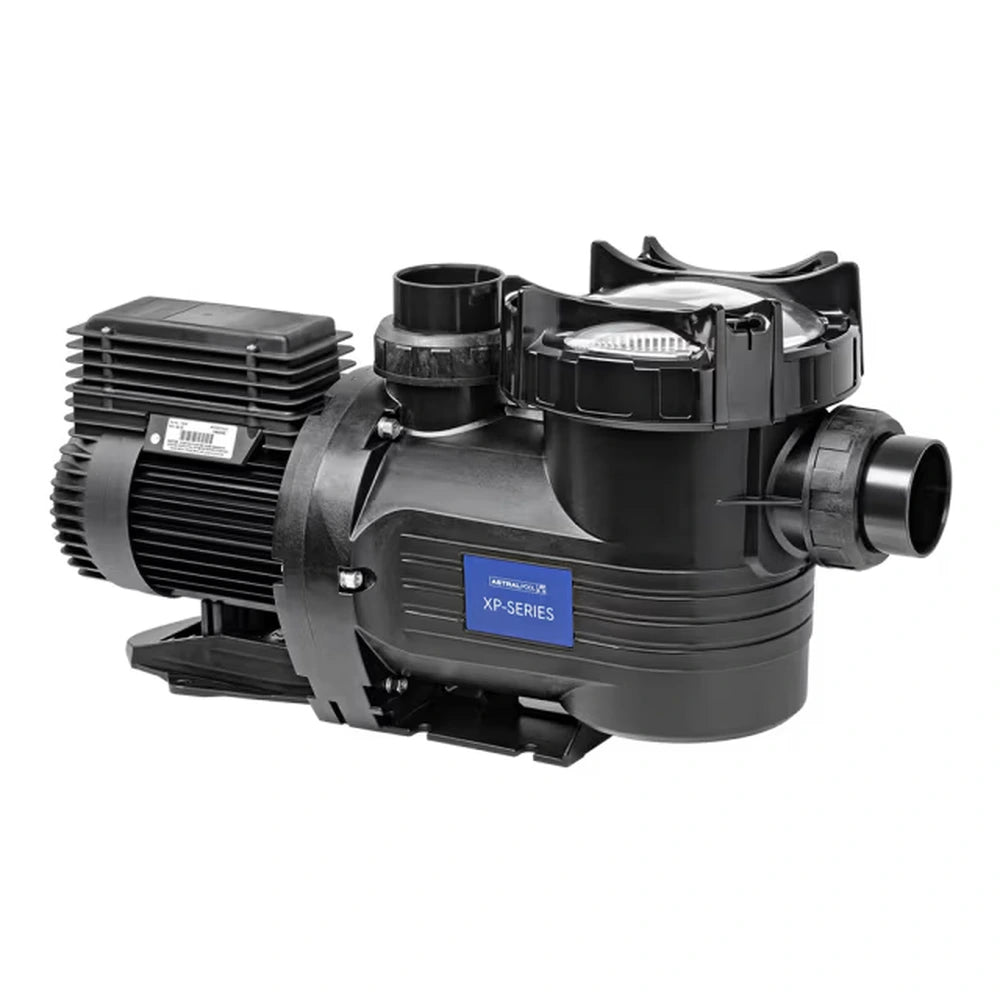 Astral XP Series high performance pool and spa pump, angled view showing strainer lid and unions