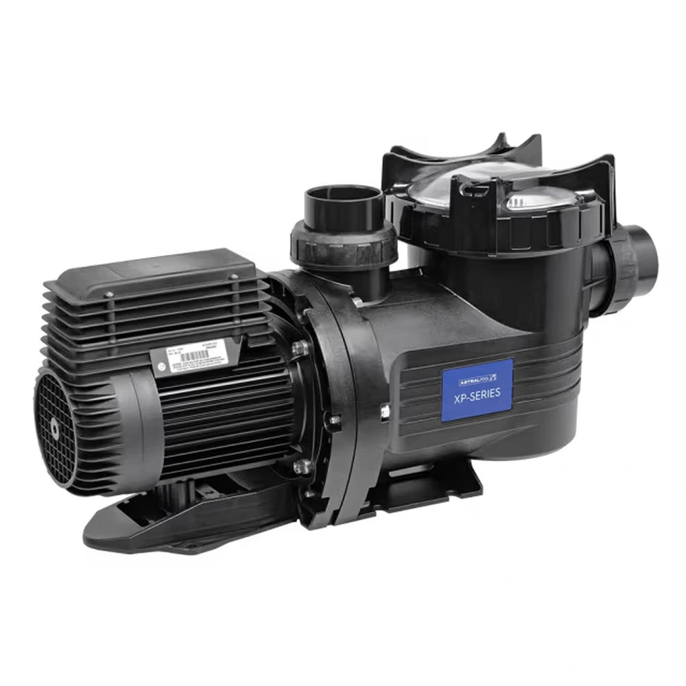 Astral XP Series high performance pool and spa pump, three-quarter view from the motor end showing cooling fins