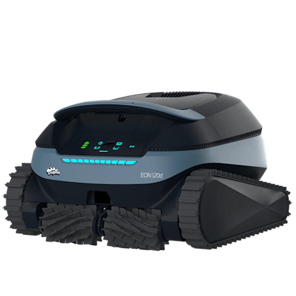 Dolphin Eon 120d cordless robotic pool cleaner, angled view showing control panel, brushes and tracks