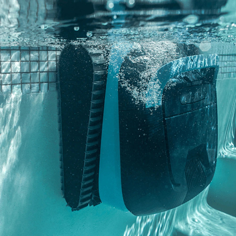 Dolphin Eon 120d robotic pool cleaner climbing the pool wall underwater