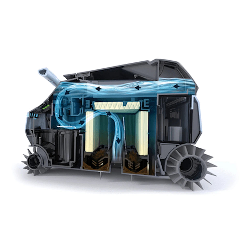 Cutaway of the Dolphin Eon 120d showing DebrisLock filtration water flow through the filters