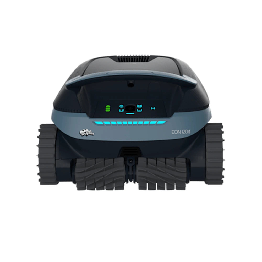 Dolphin Eon 120d cordless robotic pool cleaner, front view showing LED control panel and dual brushes