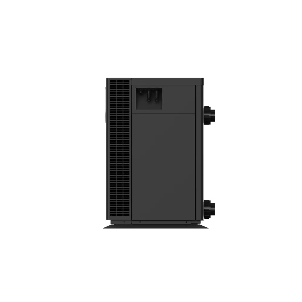 Side view of the Madimack InverELITE V4 410 41kW pool heat pump showing Quick Connect control plugs and water connections