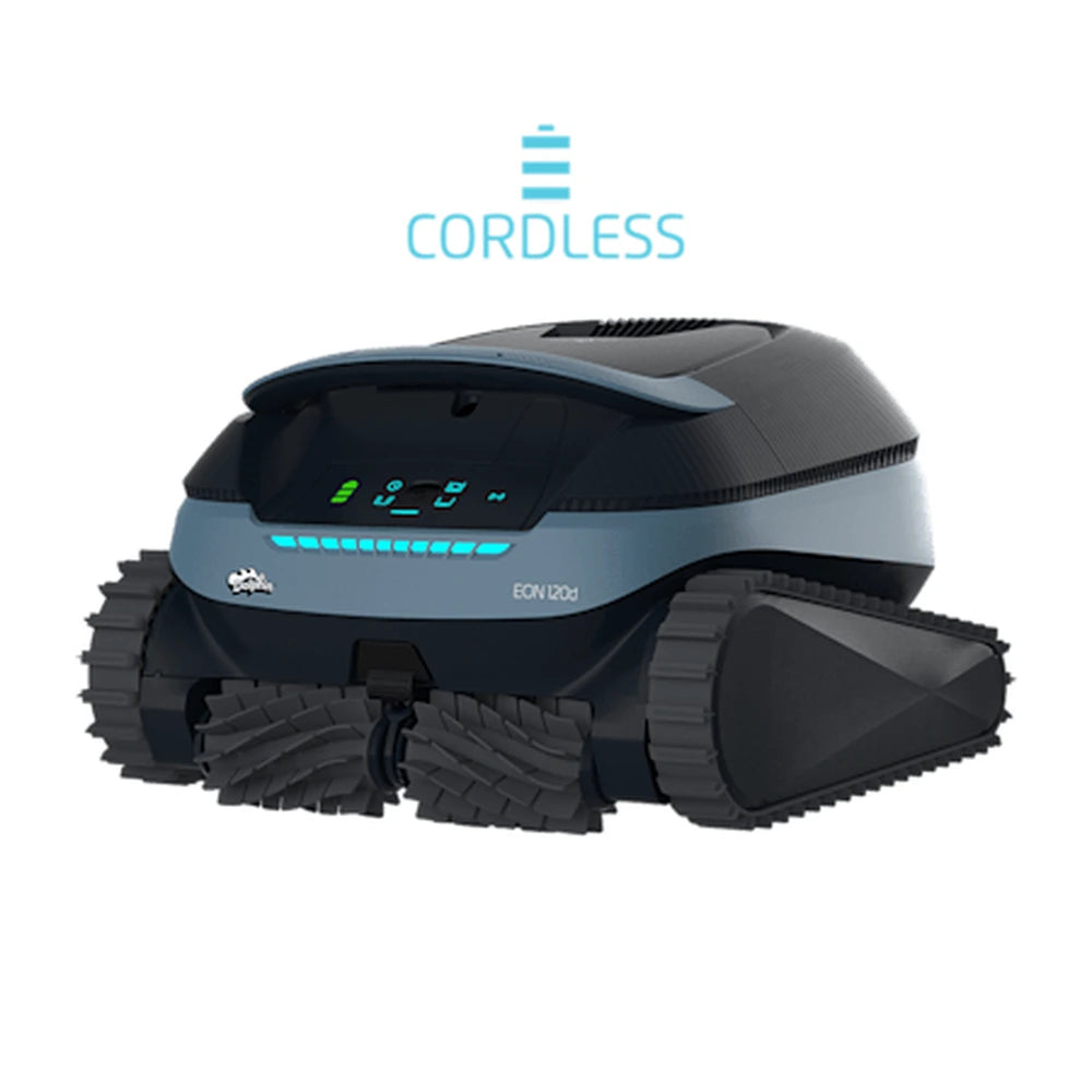 Maytronics Dolphin Eon 120d cordless robotic pool cleaner with cordless badge, angled view
