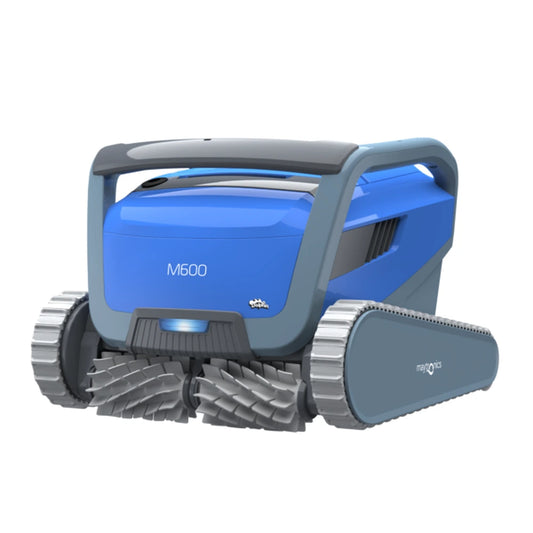 Maytronics Dolphin M600 robotic pool cleaner, front angled view showing brushes and carry handle