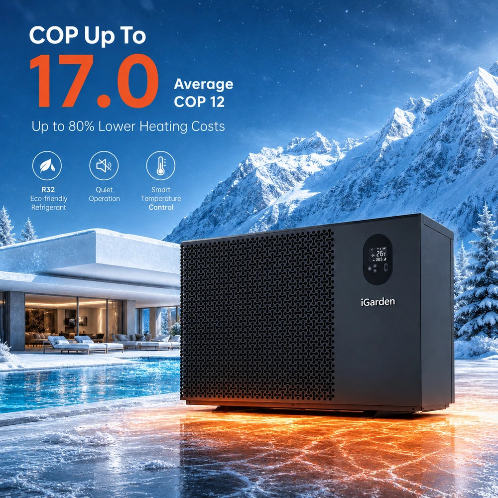 iGarden IG17 pool heat pump in a winter setting, highlighting COP up to 17 and R32 refrigerant