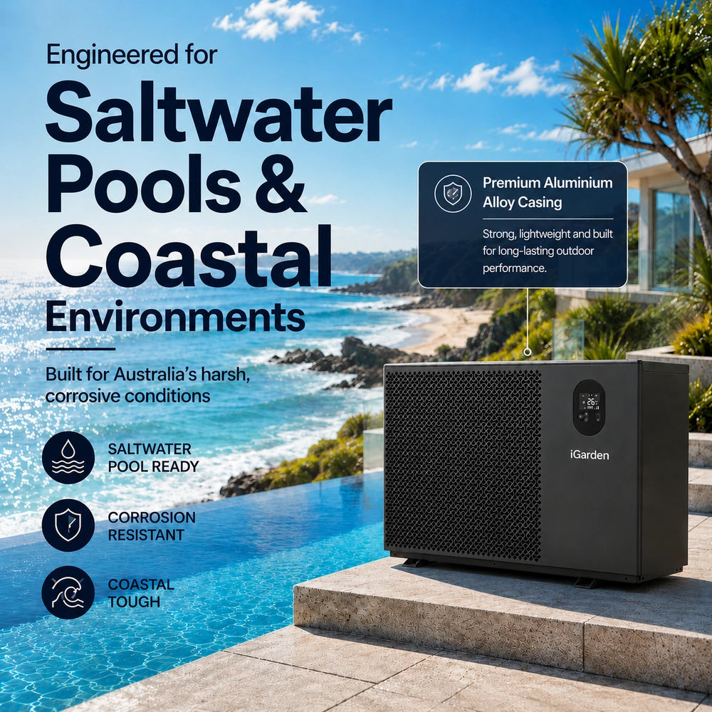 iGarden IG17 pool heat pump beside a coastal pool, highlighting corrosion-resistant aluminium casing