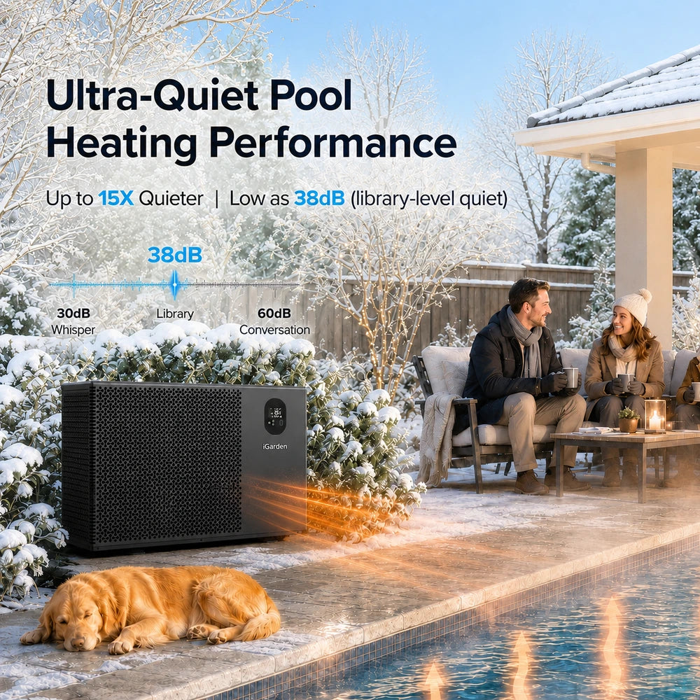 iGarden IG17 pool heat pump in a snowy backyard, highlighting 38dB ultra-quiet operation