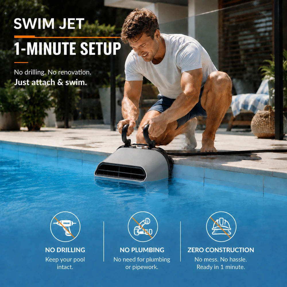Man clamping the iGarden Swim Jet to a pool edge, no drilling or plumbing required