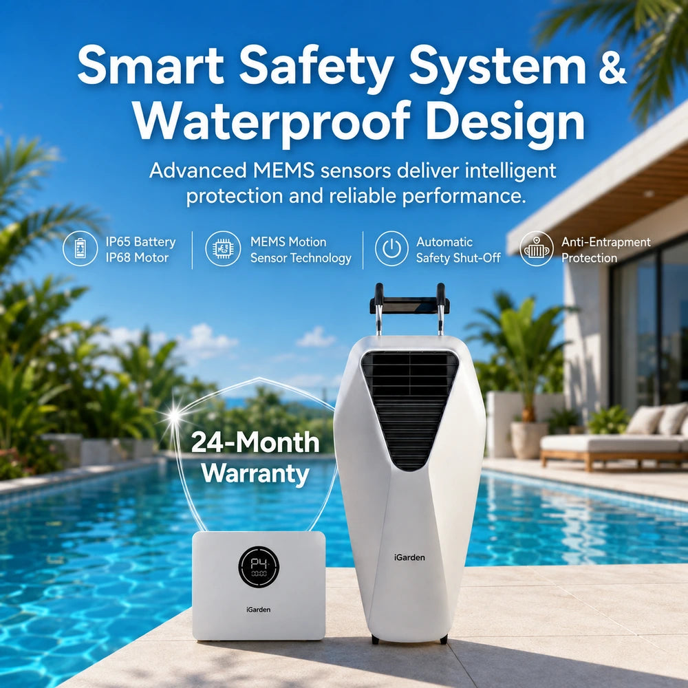 iGarden Swim Jet with power box highlighting IP65/IP68 ratings, MEMS sensors and 24-month warranty