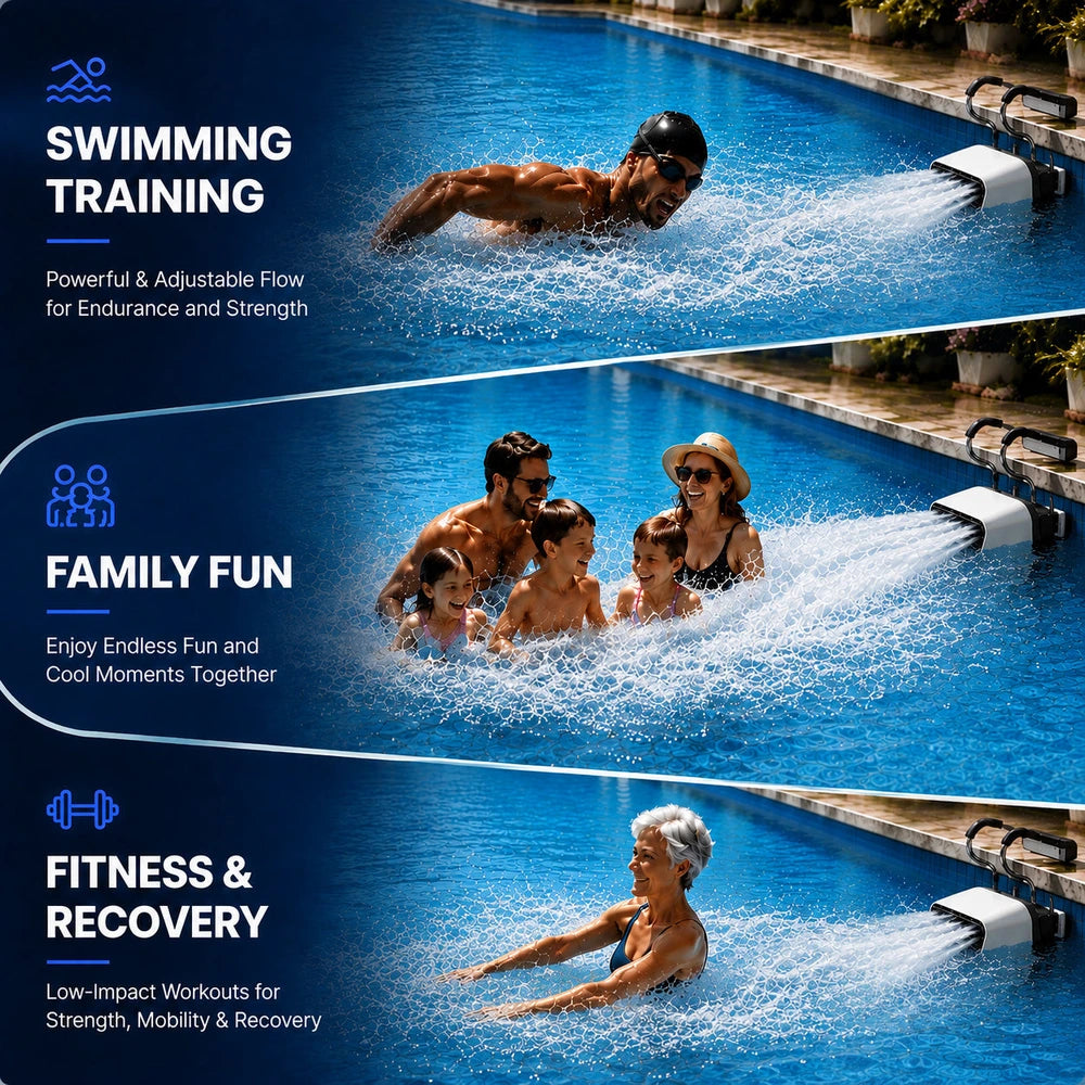 iGarden Swim Jet uses: swimming training, family fun, and fitness recovery