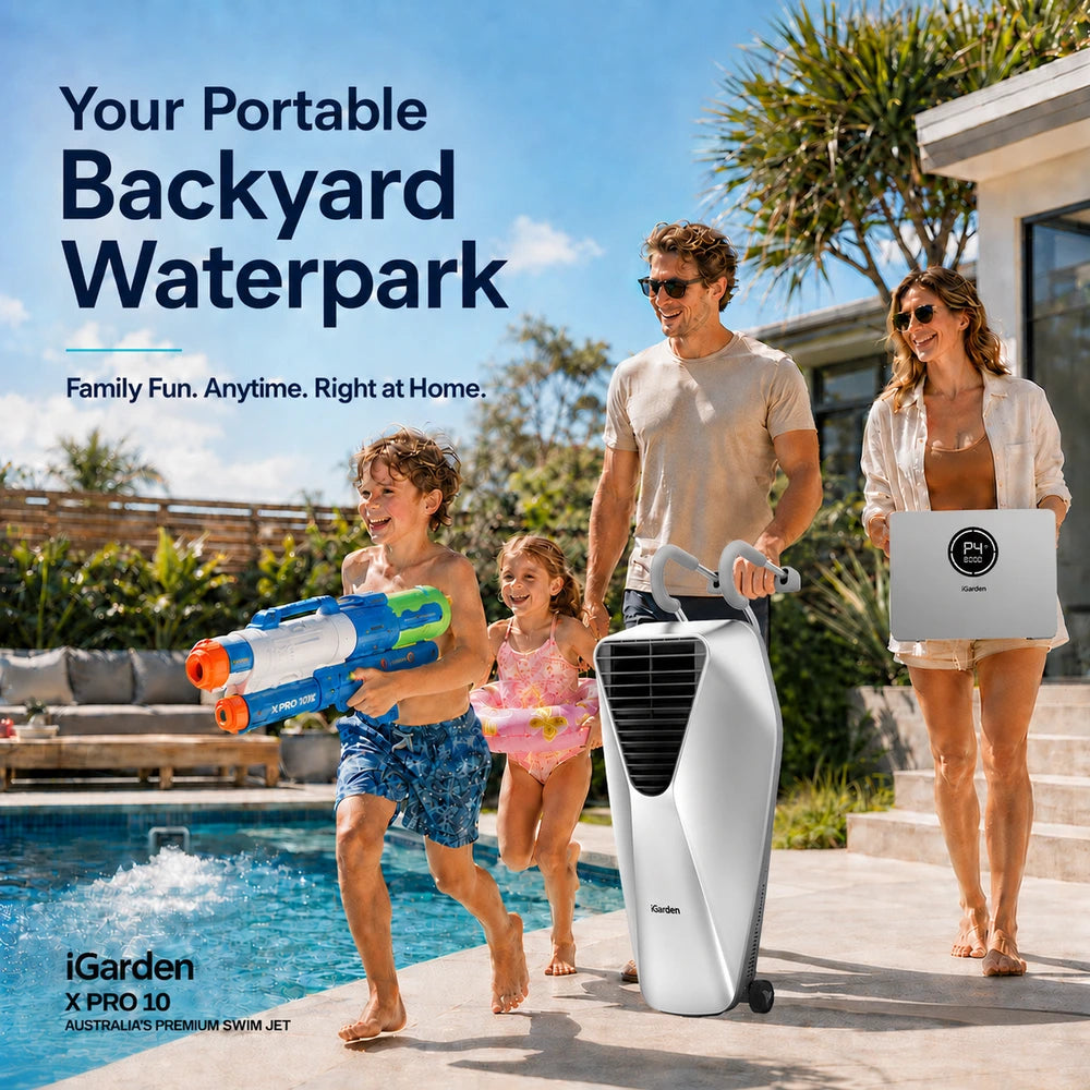 Family with the iGarden Swim Jet X PRO 10 and power box beside a pool