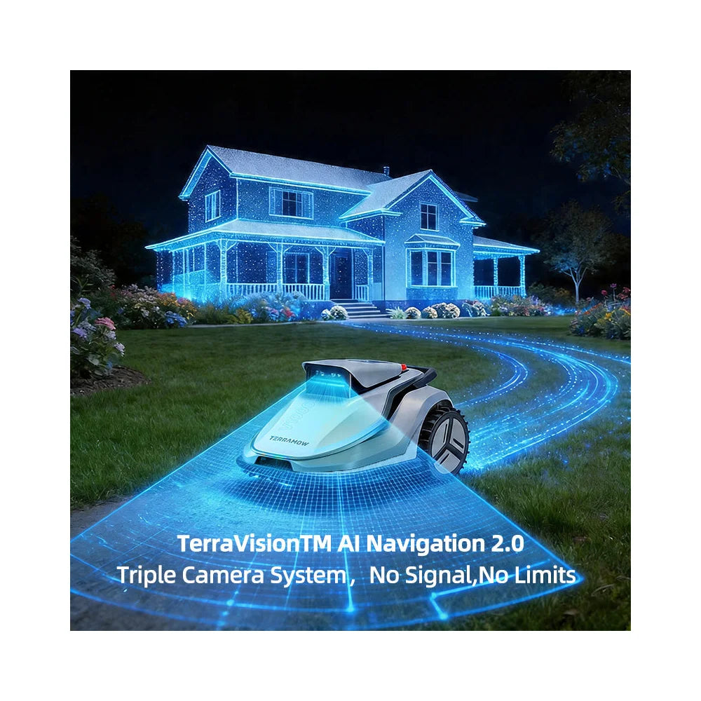 terramow-v1000-ai-navigation TerraMow V1000 triple-camera AI robotic lawn mower on white background