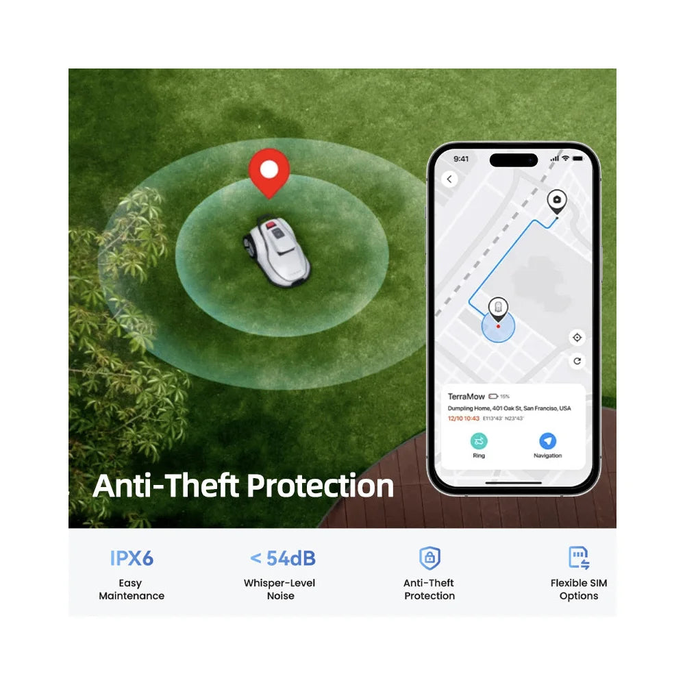 terramow-v1000-anti-theft-protection TerraMow V1000 triple-camera AI robotic lawn mower on white background