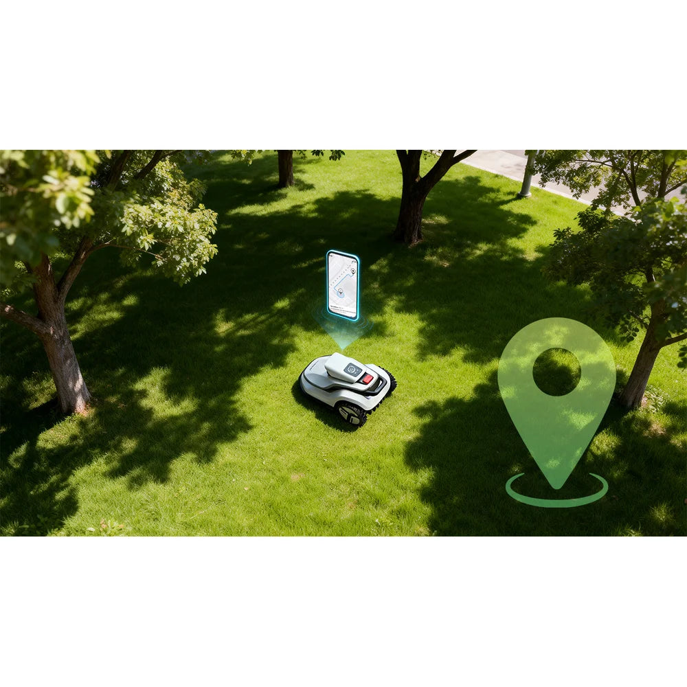 terramow-v1000-app-tracking TerraMow V1000 triple-camera AI robotic lawn mower on white background