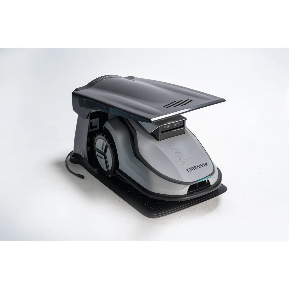 terramow-v1000-base-station TerraMow V1000 triple-camera AI robotic lawn mower on white background