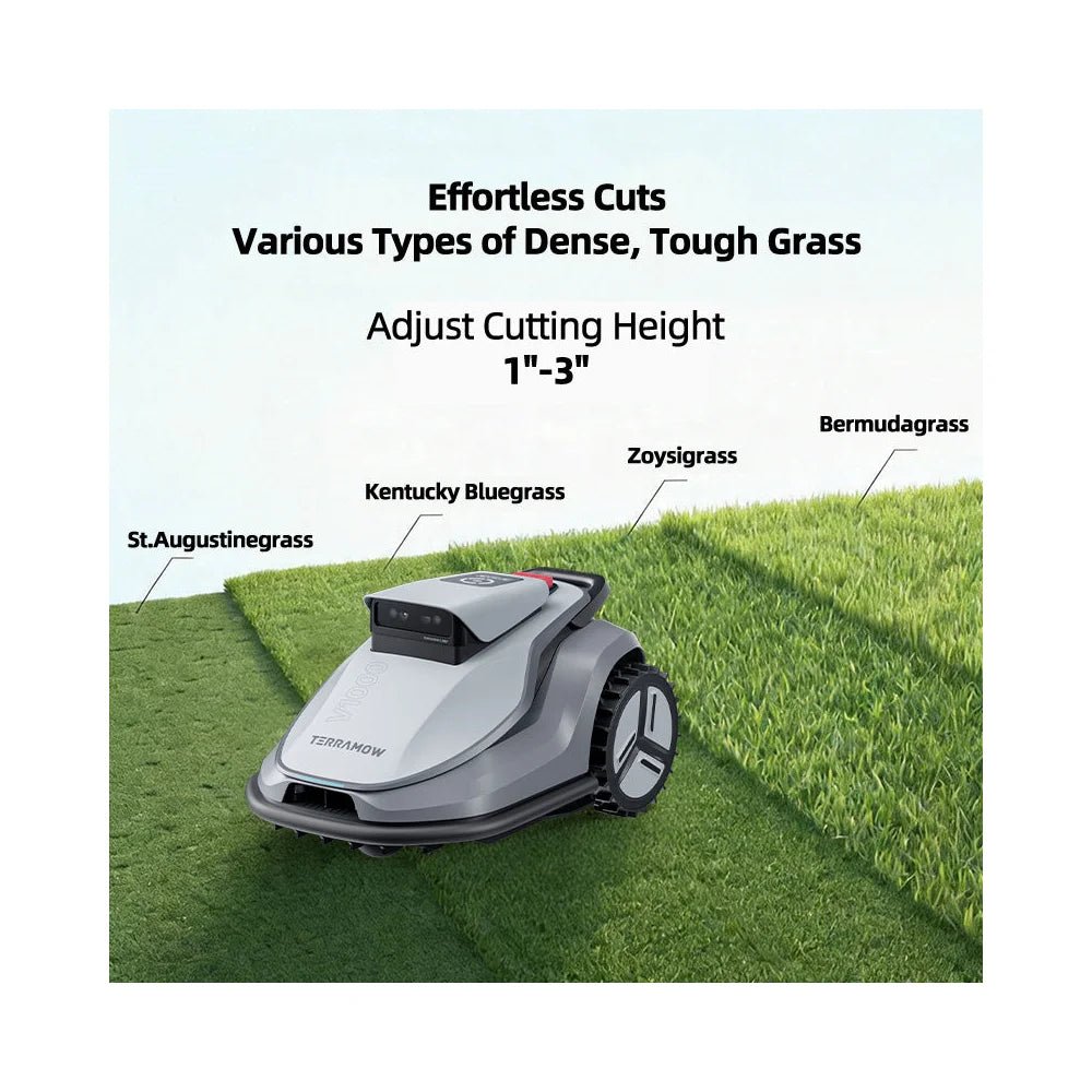 terramow-v1000-cutting-height TerraMow V1000 triple-camera AI robotic lawn mower on white background