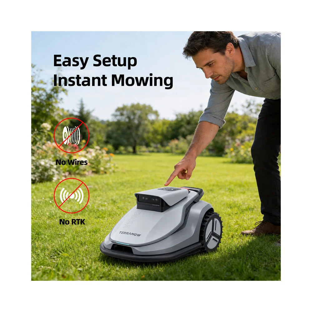 terramow-v1000-easy-setup TerraMow V1000 triple-camera AI robotic lawn mower on white background