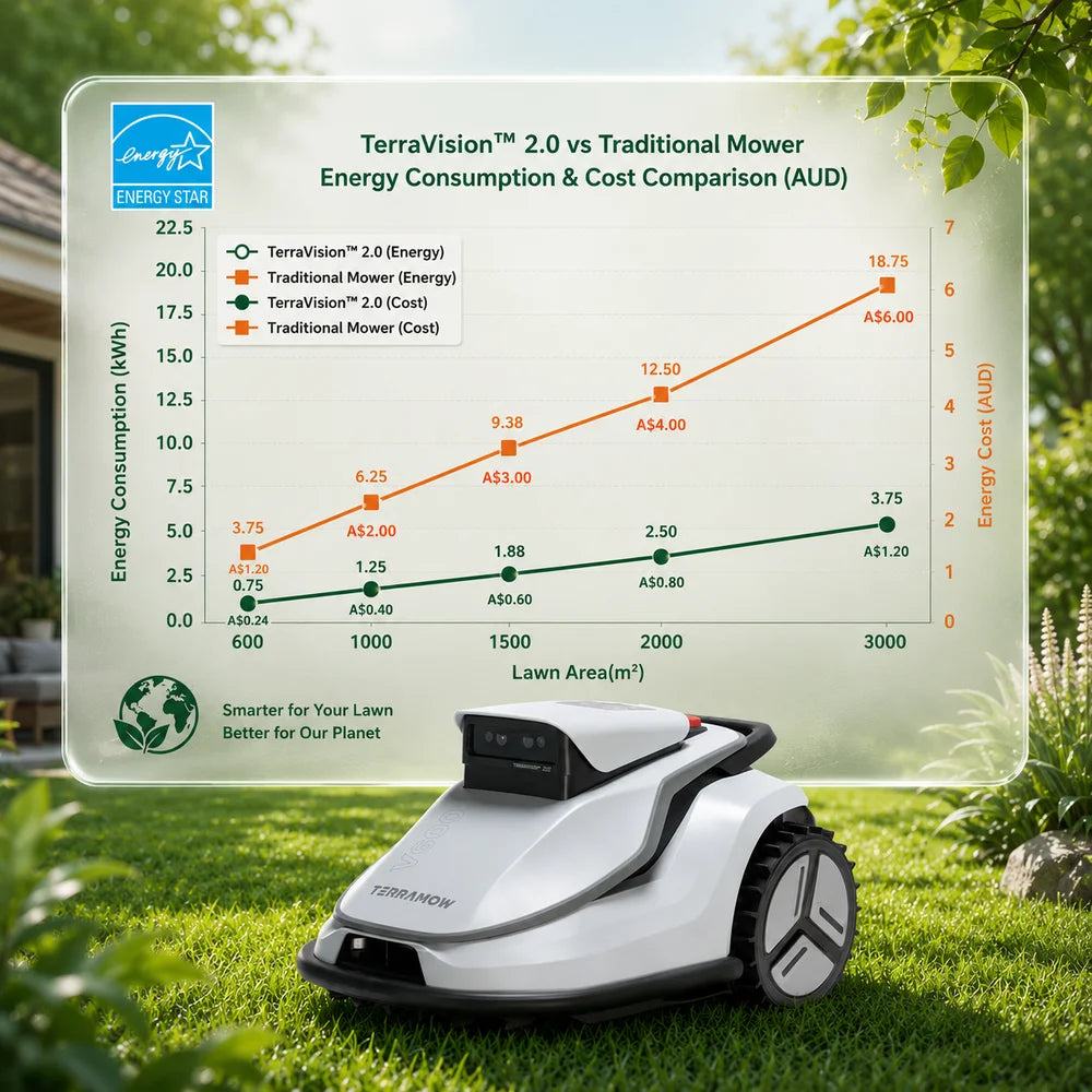 terramow-v1000-energy-comparison TerraMow V1000 triple-camera AI robotic lawn mower on white background