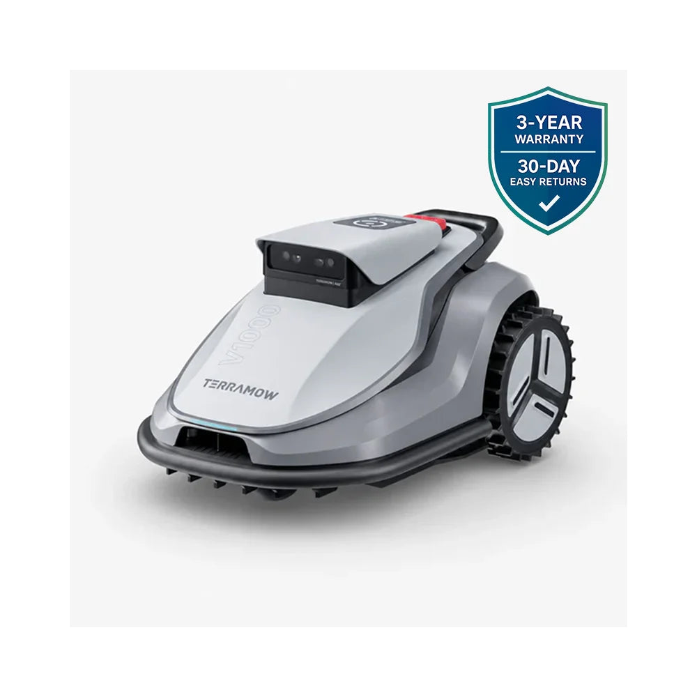 terramow-v1000-front-angle TerraMow V1000 triple-camera AI robotic lawn mower on white background