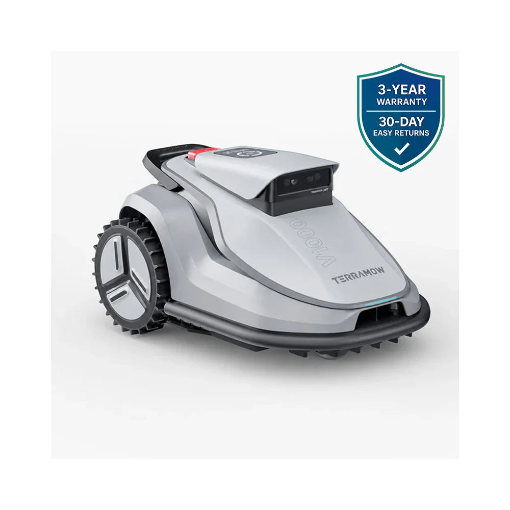 terramow-v1000-side-left TerraMow V1000 triple-camera AI robotic lawn mower on white background