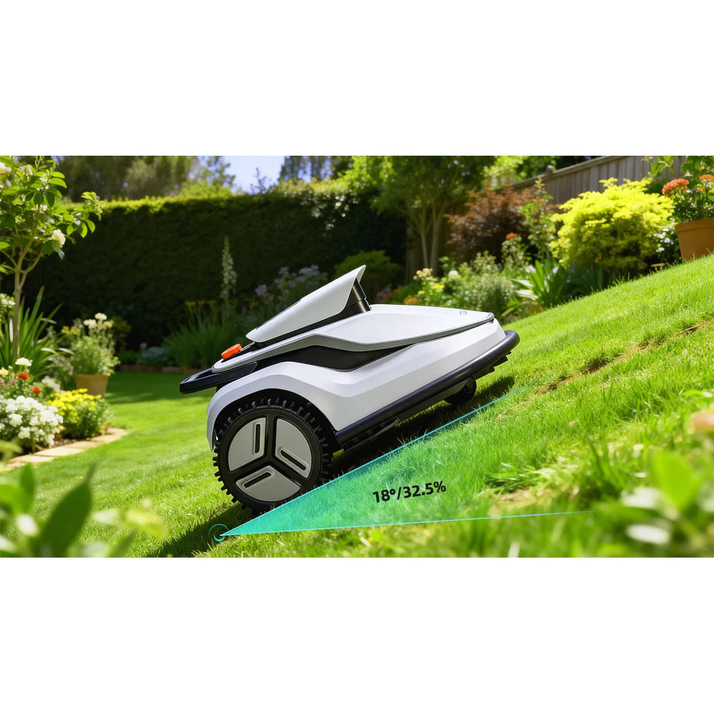 terramow-v1000-slope-action TerraMow V1000 triple-camera AI robotic lawn mower on white background
